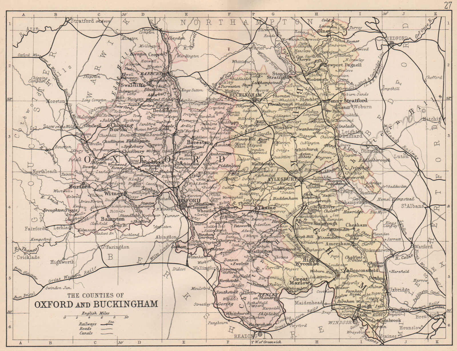OXFORDSHIRE & BUCKINGHAMSHIRE. County map. Railways constituencies. PHILIP 1882